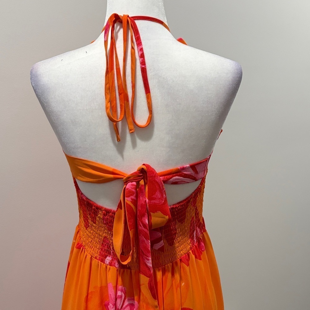 👗Host Pick👗 Vibrant Orange and Pink Halter Maxi Dress - Picture 3 of 7